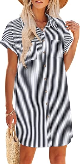 Dresses Women Cotton Button Down Short Sleeve Tshirt Dresses Casual Mini Beach Dress
